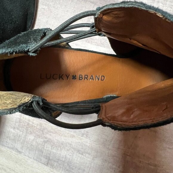Lucky Brand Womens Black Suede Peep Toe Wedge Booties - Picture 9 of 12